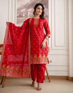 Crimson Red Round Neck Weaving Straight 3 Piece Kurta Set with Dupatta