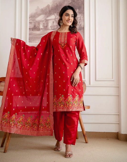 Crimson Red Round Neck Weaving Straight 3 Piece Kurta Set With Dupatta