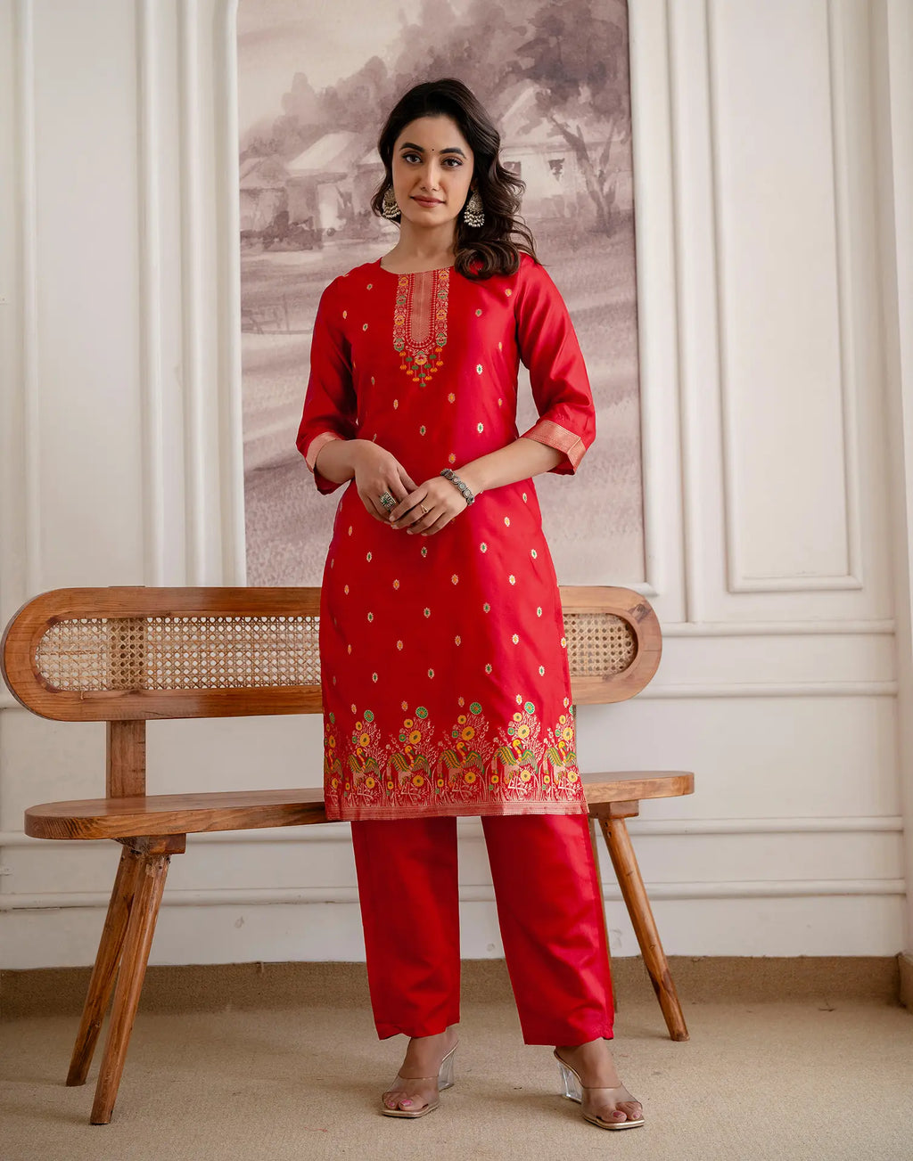 Crimson Red Round Neck Weaving Straight 3 Piece Kurta Set with Dupatta