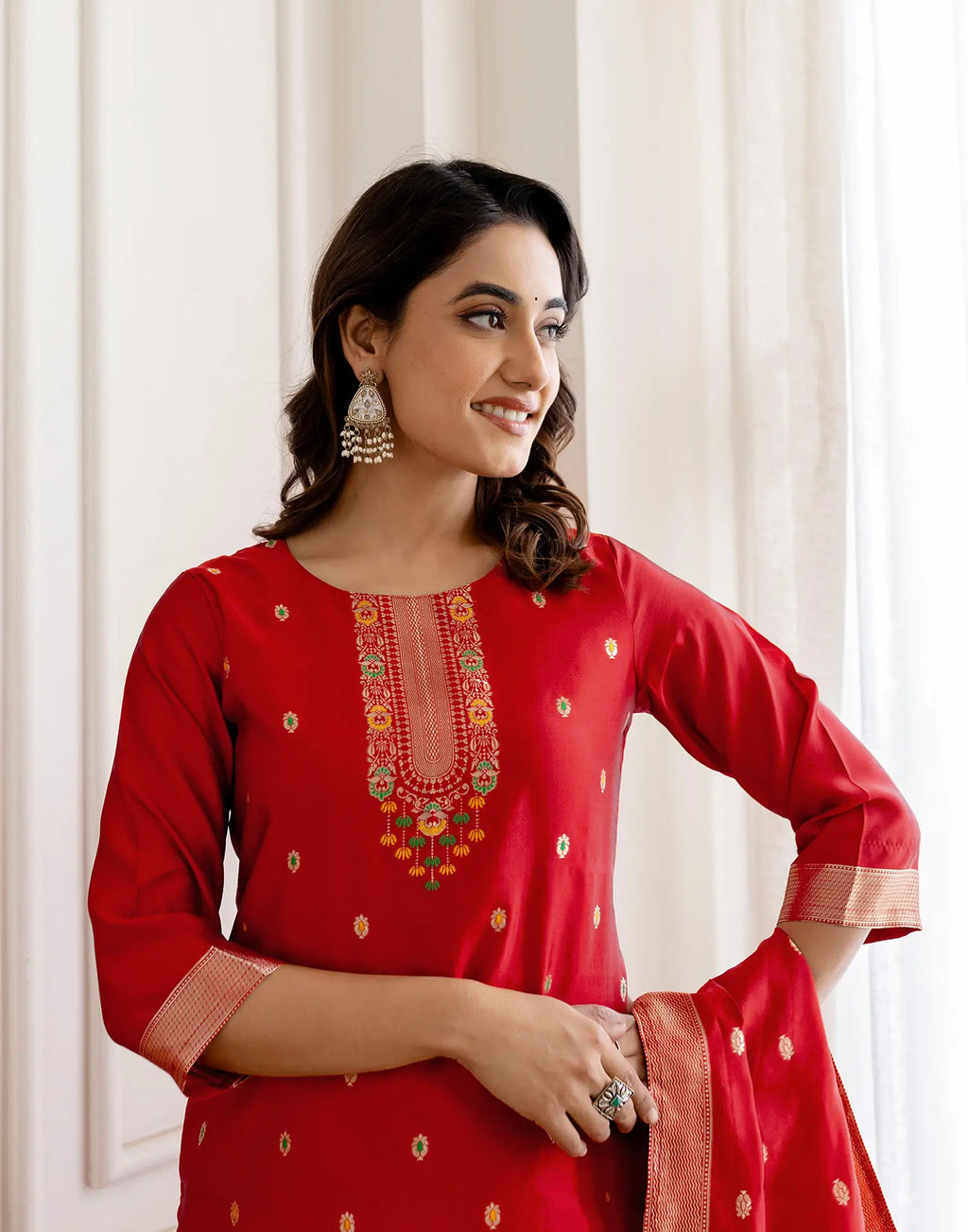 Crimson Red Round Neck Weaving Straight 3 Piece Kurta Set with Dupatta