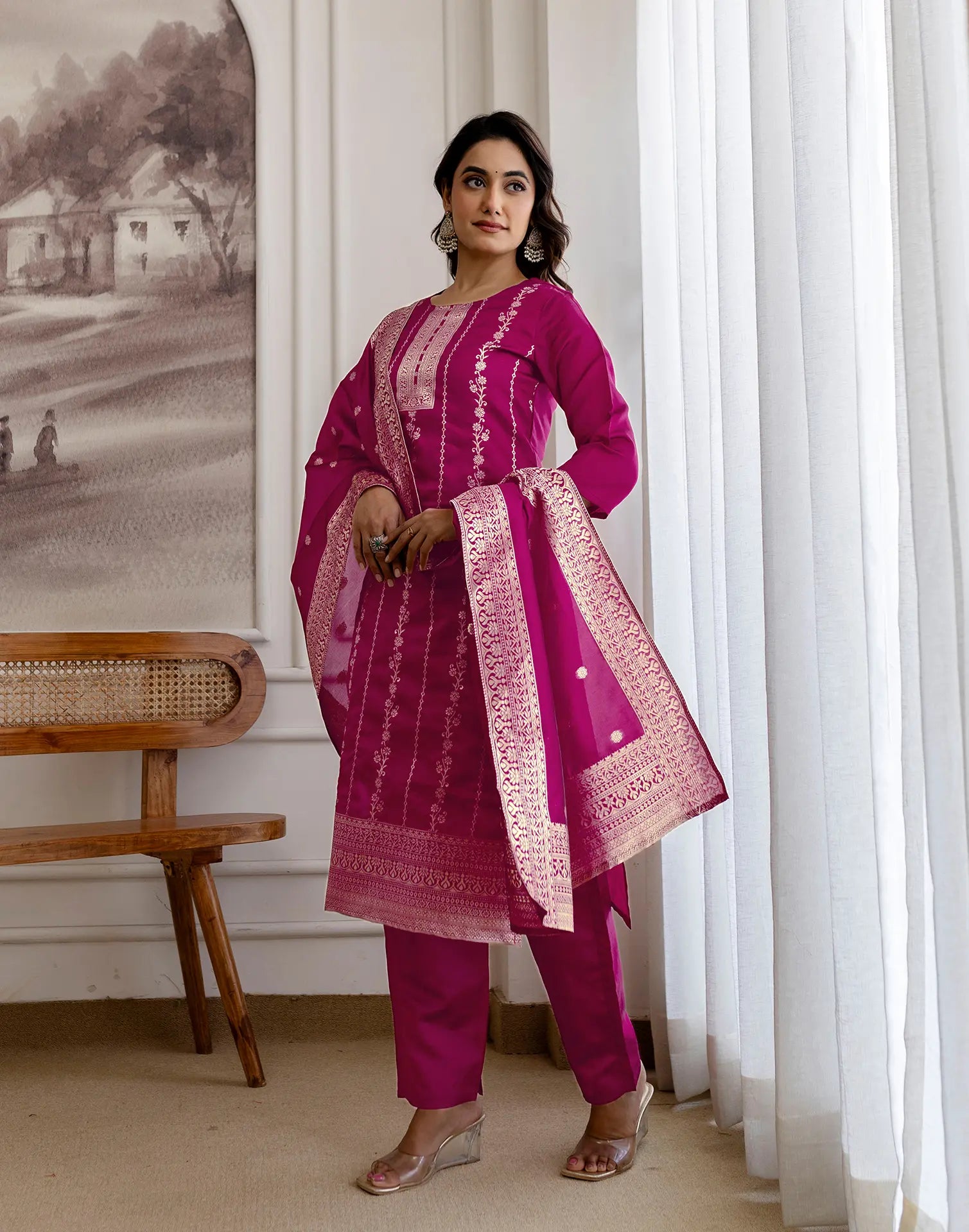 Skylee Silk Woven Straight 3 Piece Kurta Set For Woman