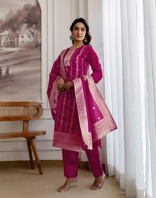 Cherry Pink Round Neck Jacquard Weaving Straight 3 Piece Kurta Set With Dupatta