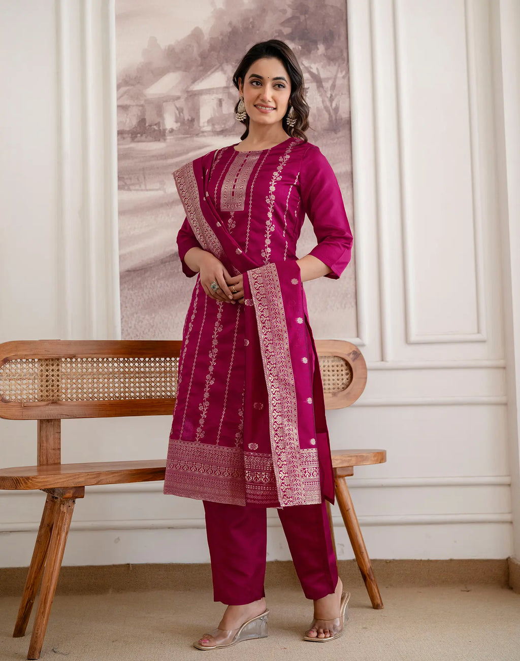 Skylee Silk Woven Straight 3 Piece Kurta Set For Woman
