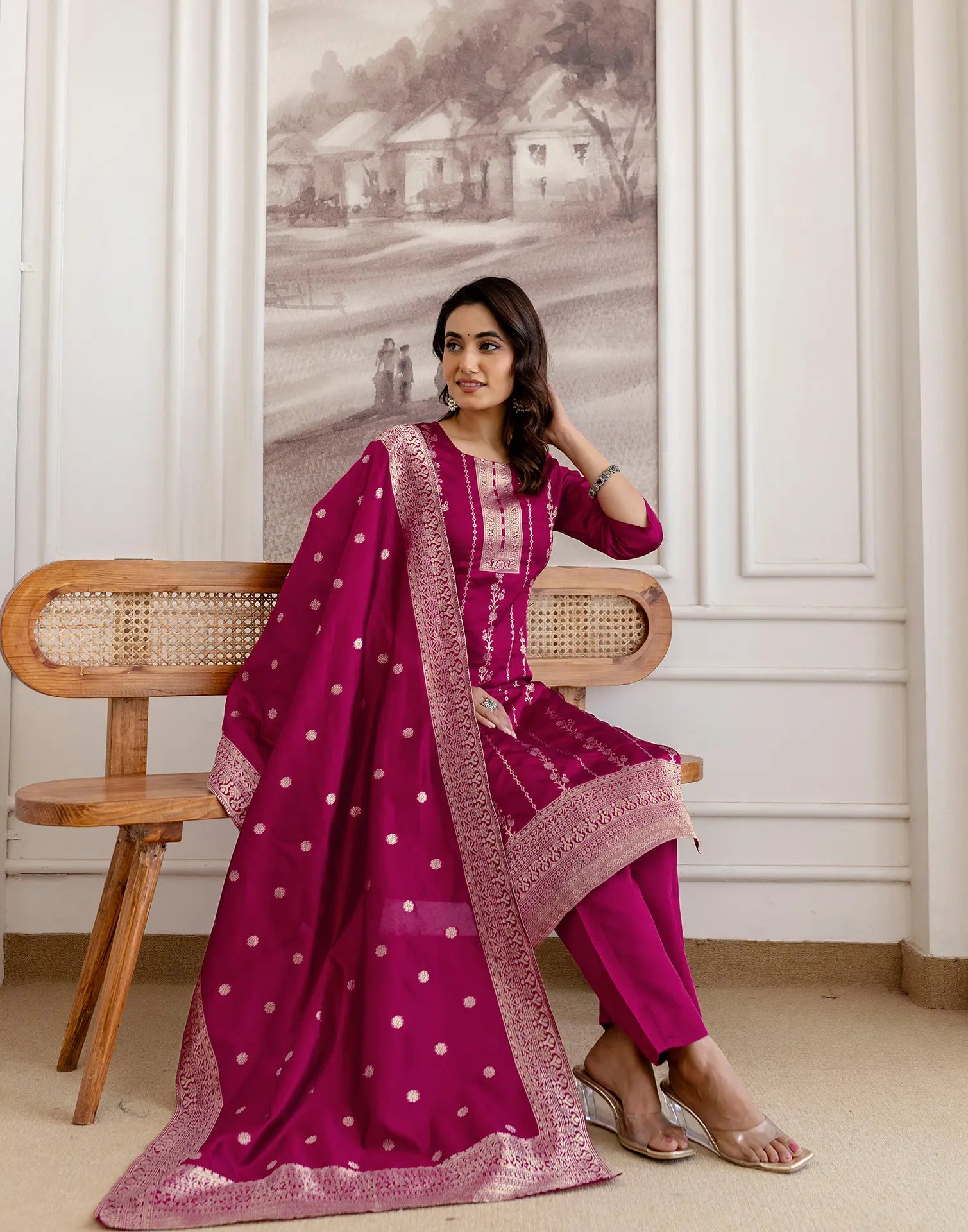 Skylee Silk Woven Straight 3 Piece Kurta Set For Woman