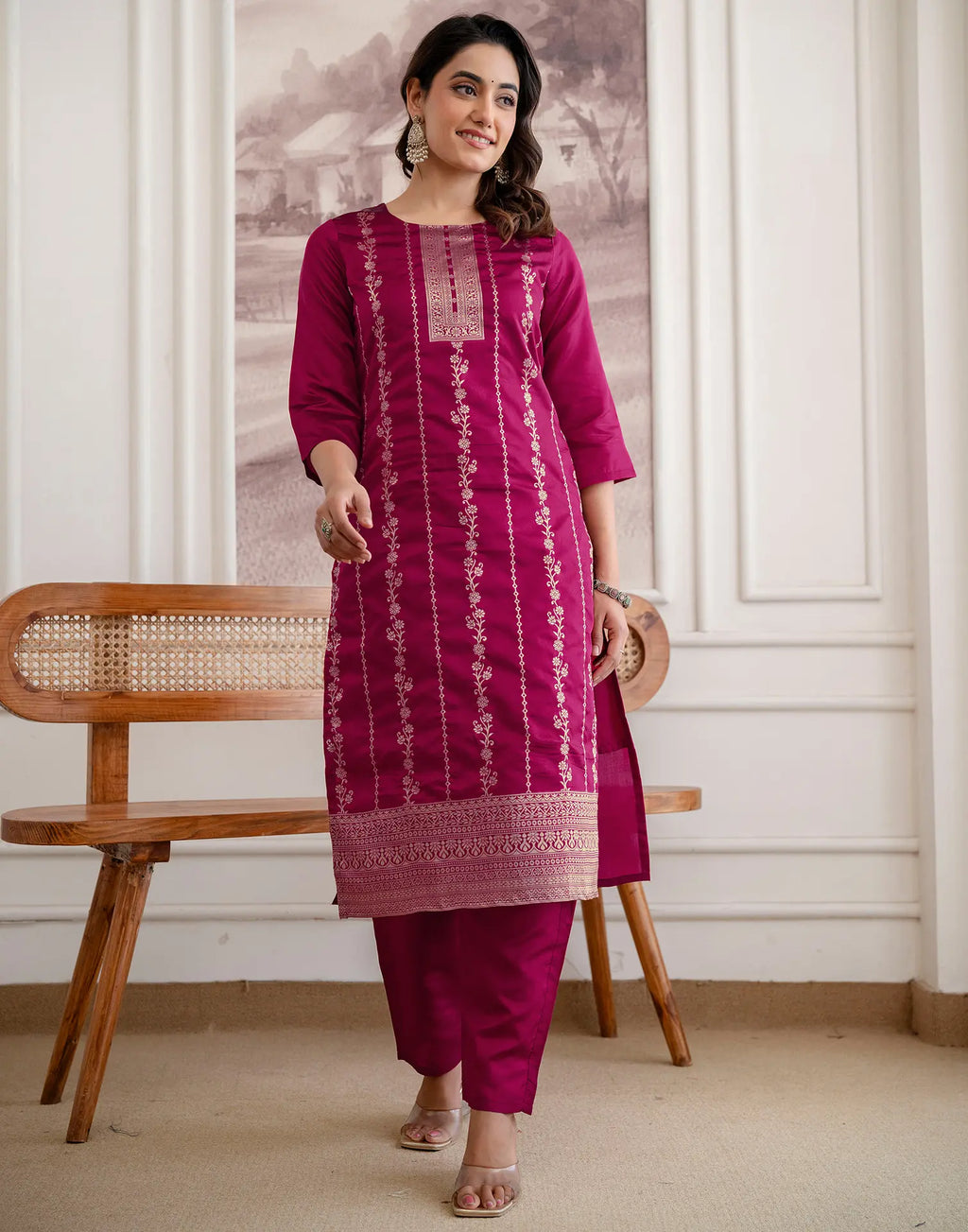 Skylee Silk Woven Straight 3 Piece Kurta Set For Woman