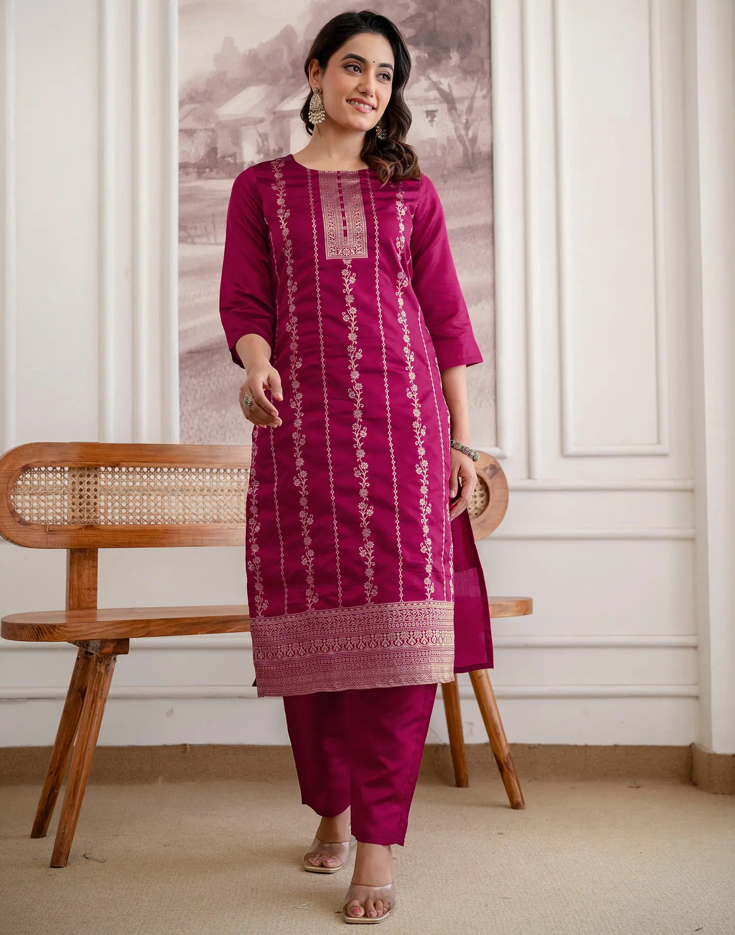 Skylee Silk Woven Straight 3 Piece Kurta Set For Woman