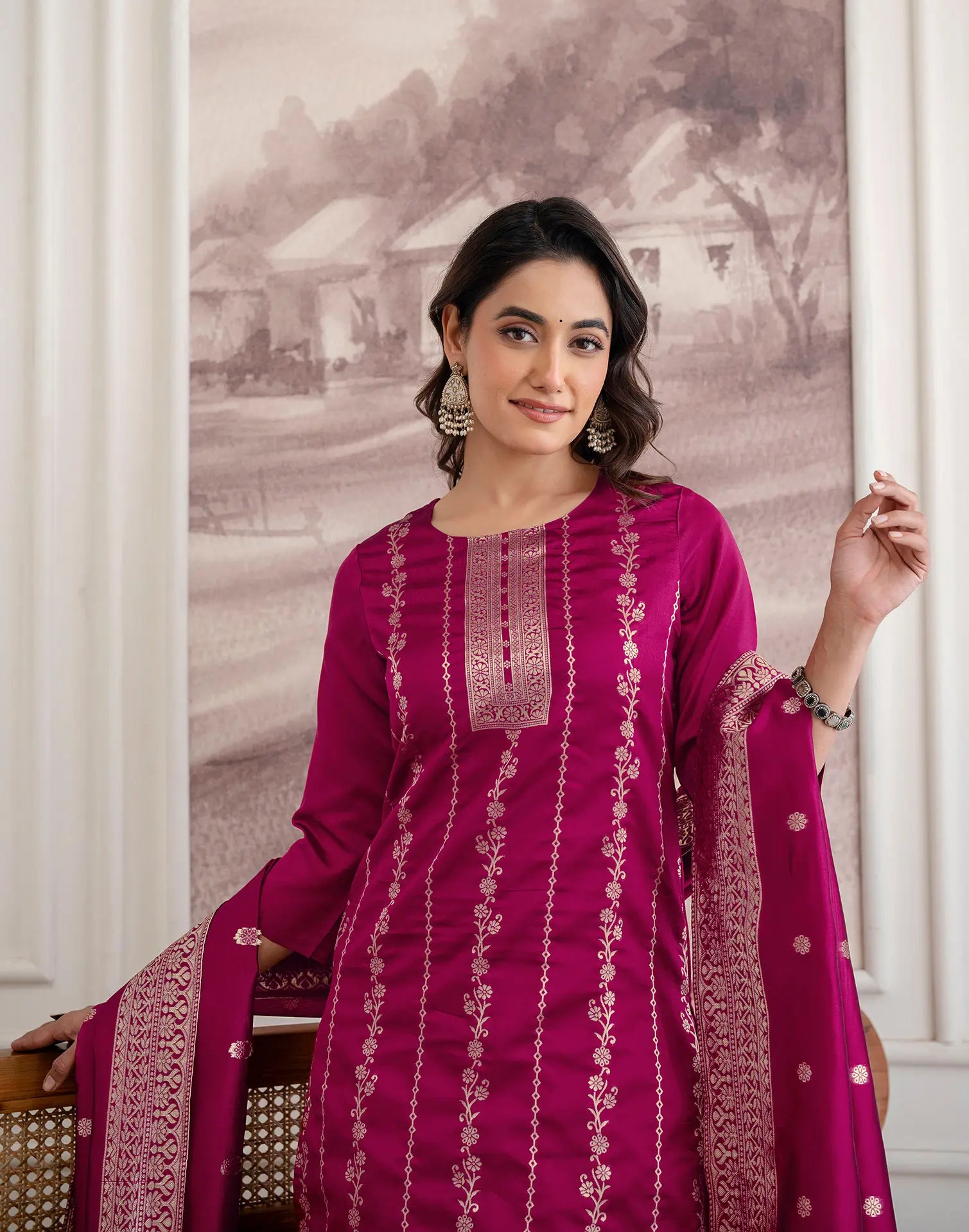 Skylee Silk Woven Straight 3 Piece Kurta Set For Woman