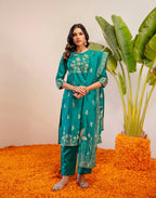 Skylee Silk Woven Straight 3 Piece Kurta Set For Woman