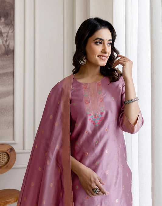 Lilac Purple Round Neck Jacquard Weaving Straight 3 Piece Kurta Set With Dupatta