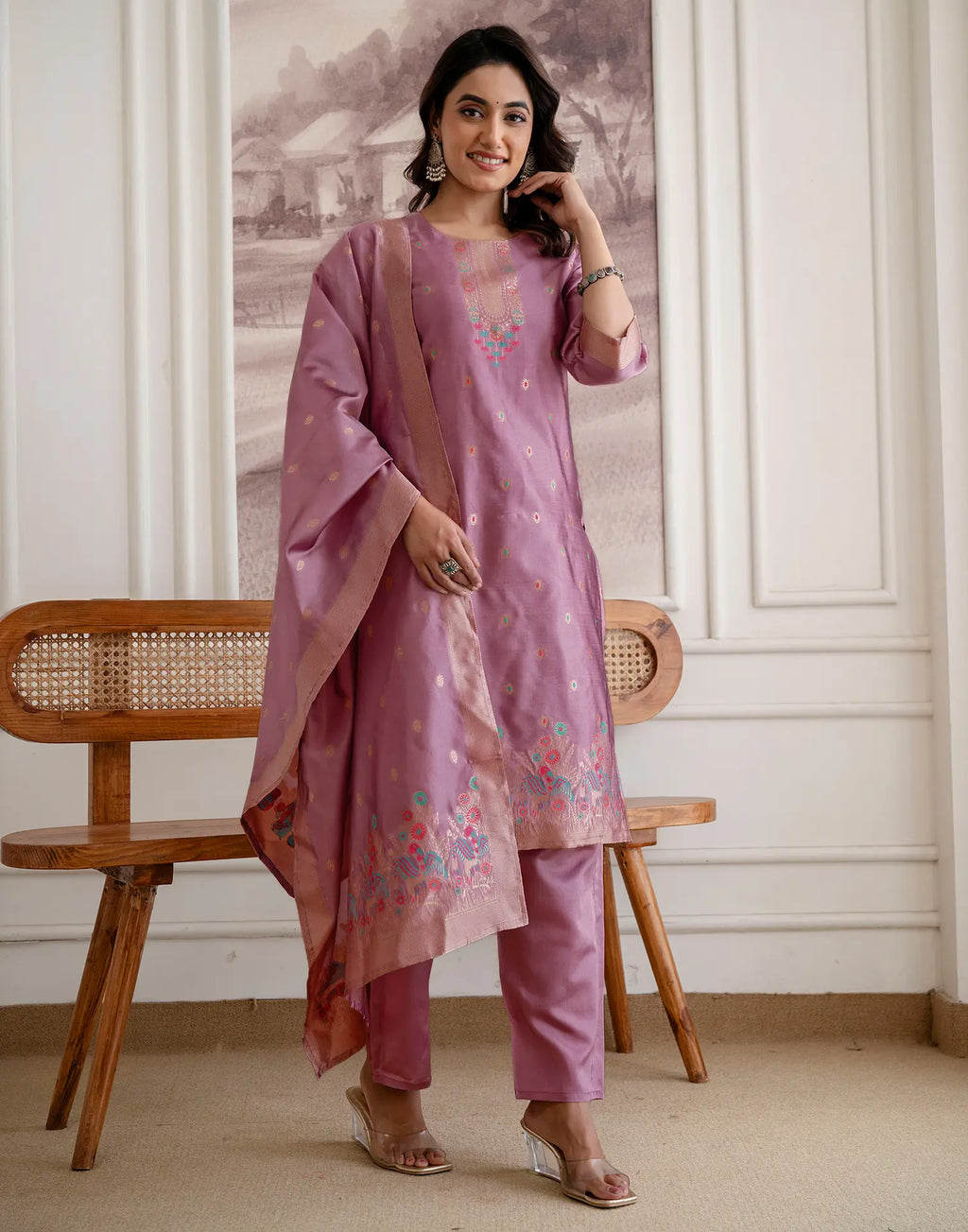 Skylee Silk Woven Straight 3 Piece Kurta Set For Woman