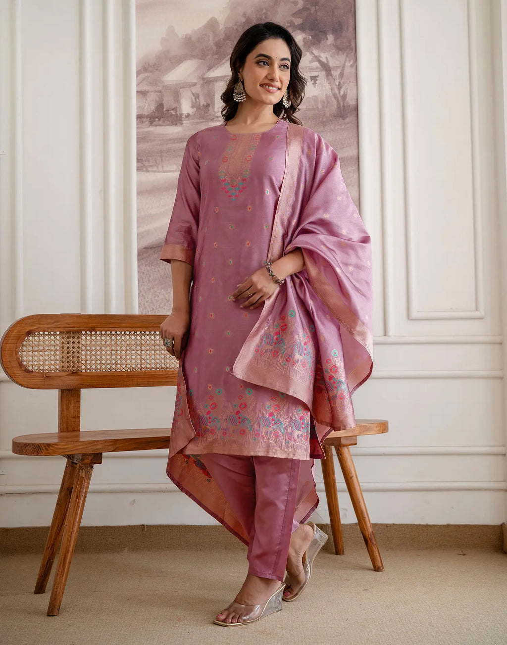 Skylee Silk Woven Straight 3 Piece Kurta Set For Woman