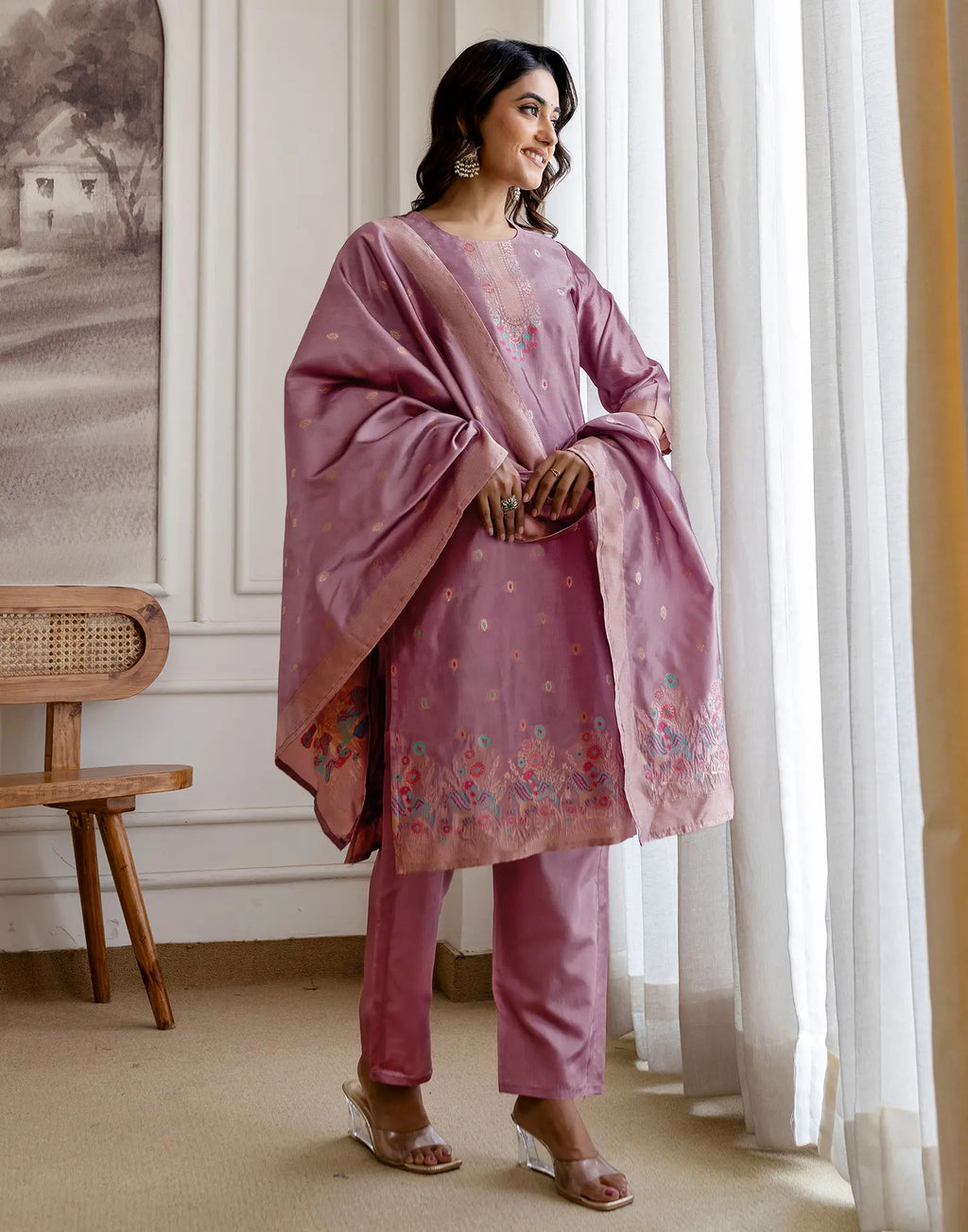 Skylee Silk Woven Straight 3 Piece Kurta Set For Woman