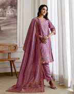 Skylee Silk Woven Straight 3 Piece Kurta Set For Woman