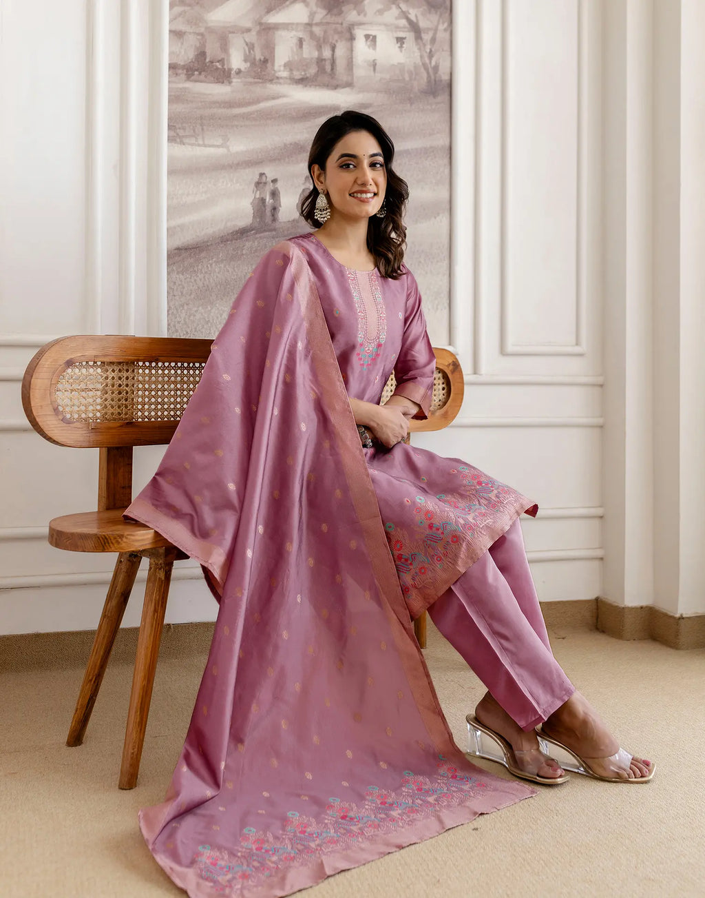 Skylee Silk Woven Straight 3 Piece Kurta Set For Woman