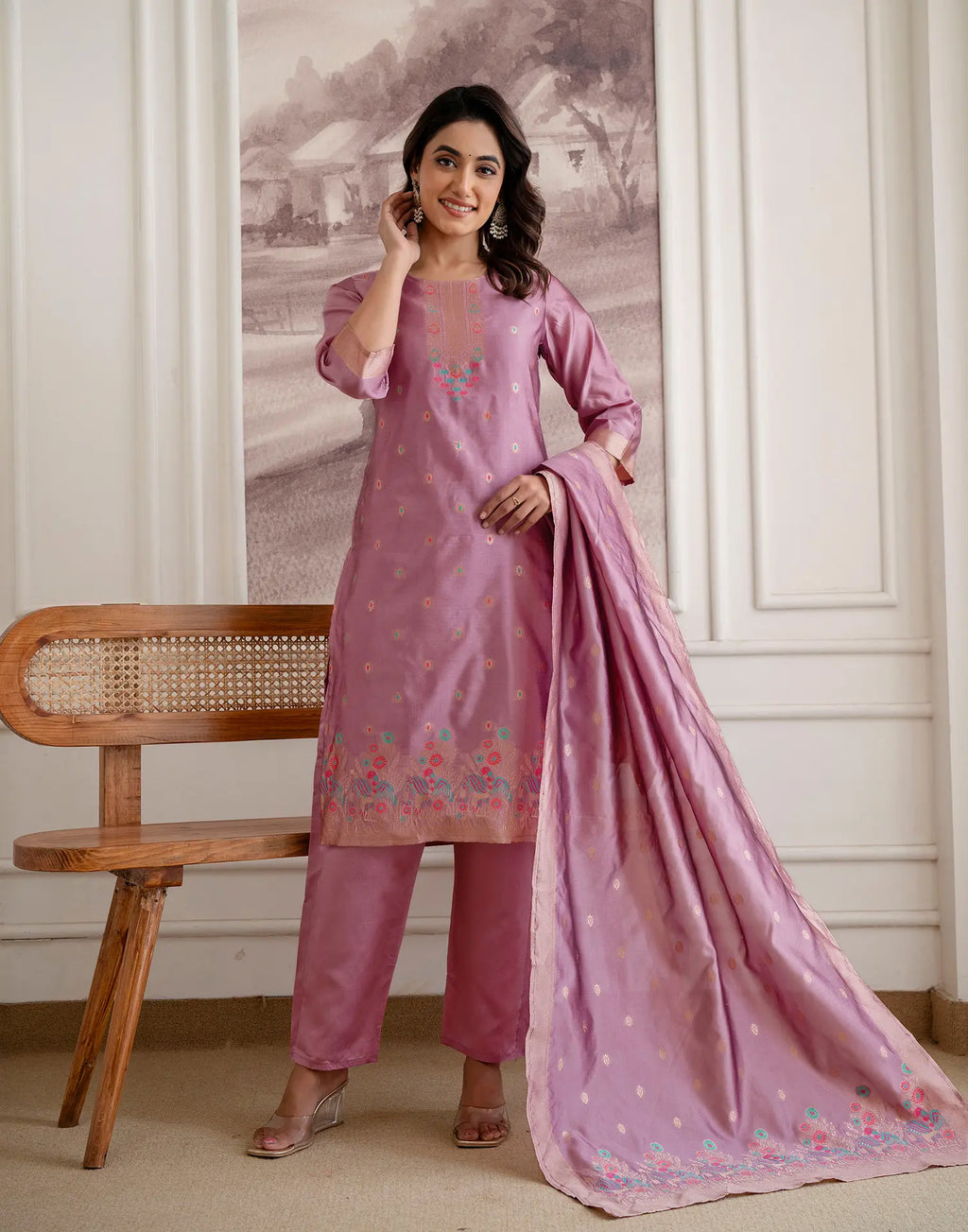 Skylee Silk Woven Straight 3 Piece Kurta Set For Woman