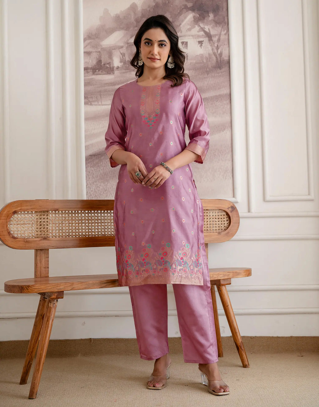 Skylee Silk Woven Straight 3 Piece Kurta Set For Woman