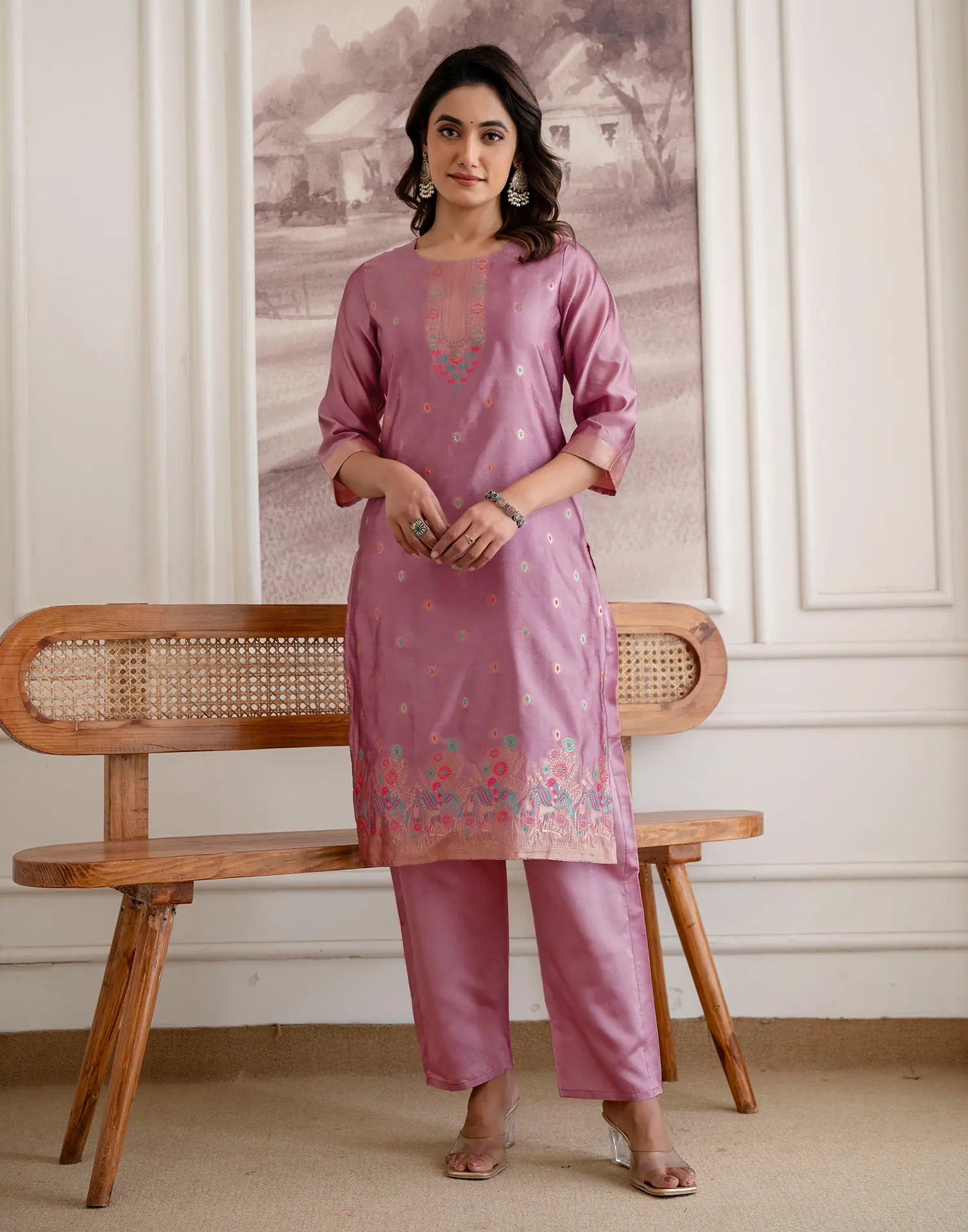 Skylee Silk Woven Straight 3 Piece Kurta Set For Woman
