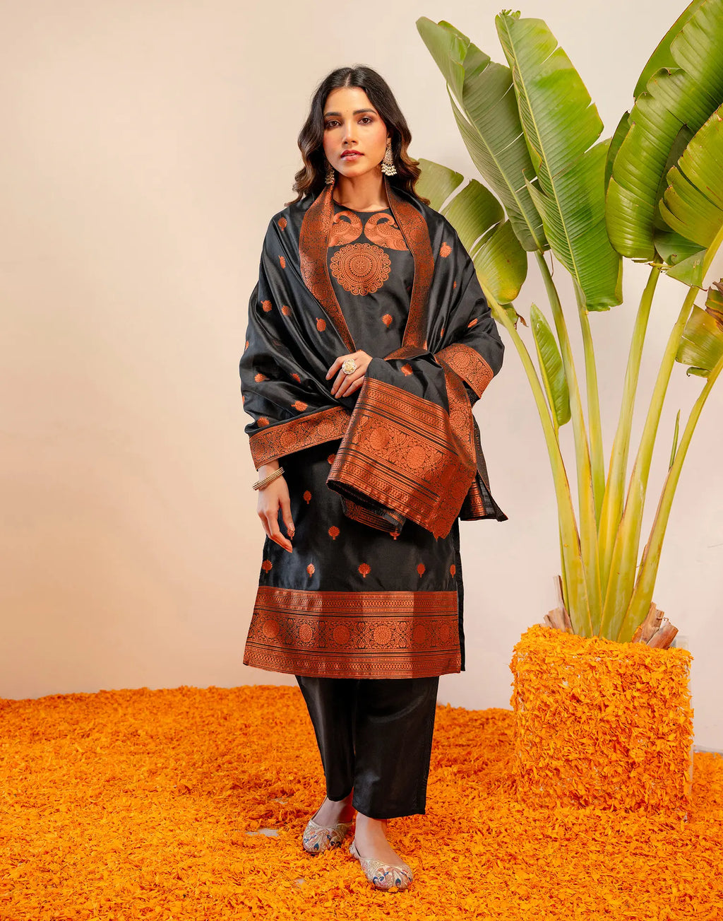 Black Round Neck Weaving Straight 3 Piece Kurta Set with Dupatta - Relaxed Fit