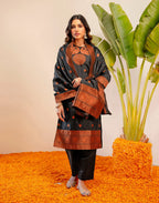 Black Round Neck Weaving Straight 3 Piece Kurta Set with Dupatta - Relaxed Fit
