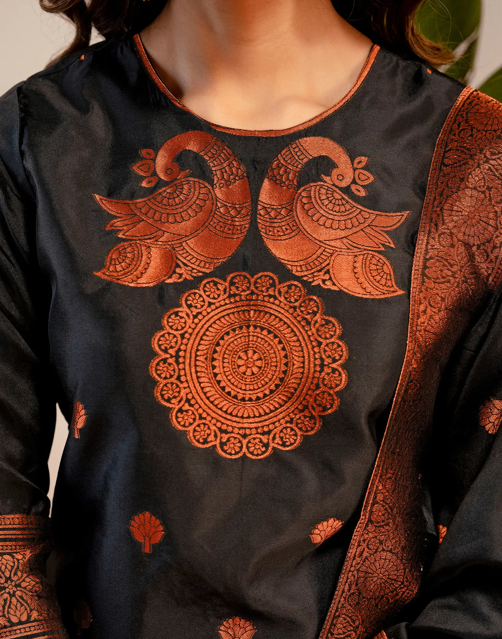 Black Round Neck Weaving Straight 3 Piece Kurta Set with Dupatta - Relaxed Fit