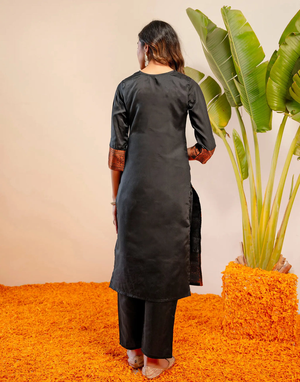 Black Round Neck Weaving Straight 3 Piece Kurta Set with Dupatta - Relaxed Fit