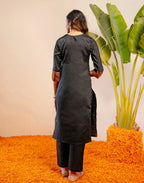 Black Round Neck Weaving Straight 3 Piece Kurta Set with Dupatta - Relaxed Fit
