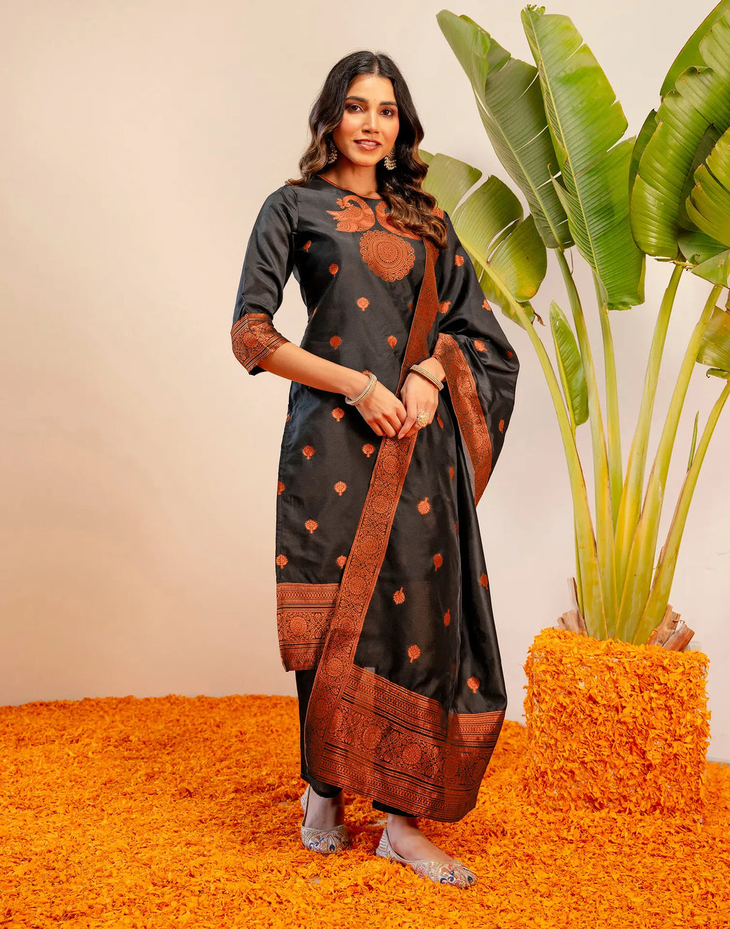 Black Round Neck Weaving Straight 3 Piece Kurta Set with Dupatta - Relaxed Fit