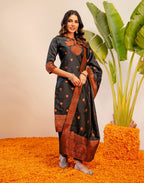 Black Round Neck Weaving Straight 3 Piece Kurta Set with Dupatta - Relaxed Fit