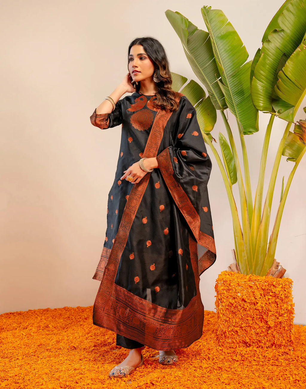Black Round Neck Weaving Straight 3 Piece Kurta Set with Dupatta - Relaxed Fit