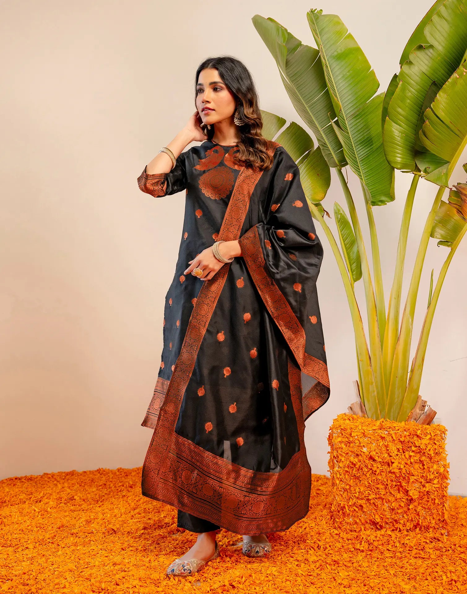 Black Round Neck Weaving Straight 3 Piece Kurta Set with Dupatta - Relaxed Fit