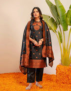 Black Round Neck Weaving Straight 3 Piece Kurta Set with Dupatta - Relaxed Fit
