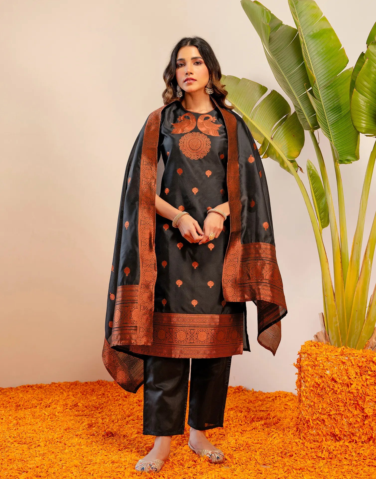 Black Round Neck Weaving Straight 3 Piece Kurta Set with Dupatta - Relaxed Fit