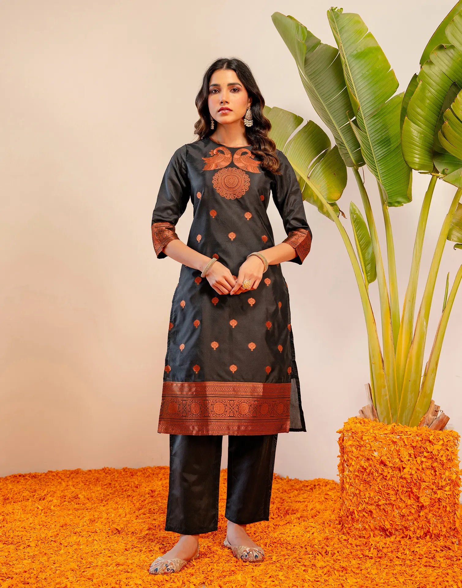 Black Round Neck Weaving Straight 3 Piece Kurta Set with Dupatta - Relaxed Fit