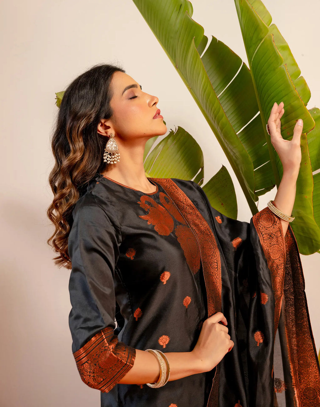 Black Round Neck Weaving Straight 3 Piece Kurta Set with Dupatta - Relaxed Fit