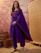 Royal Purple Notched Round Neck Embroidered Straight 3 Piece Kurta Set with Dupatta