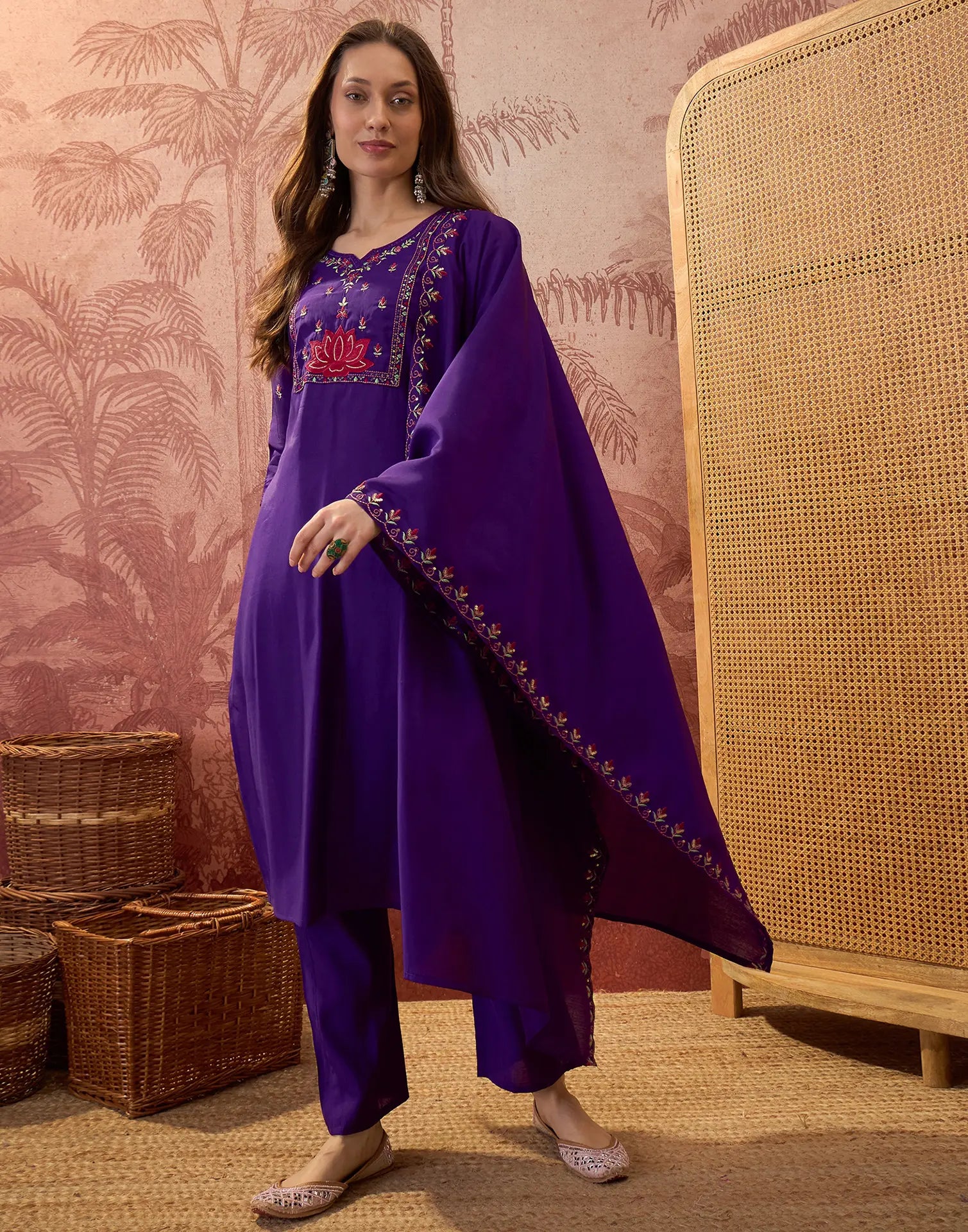 Royal Purple Notched Round Neck Embroidered Straight 3 Piece Kurta Set with Dupatta