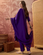 Royal Purple Notched Round Neck Embroidered Straight 3 Piece Kurta Set with Dupatta
