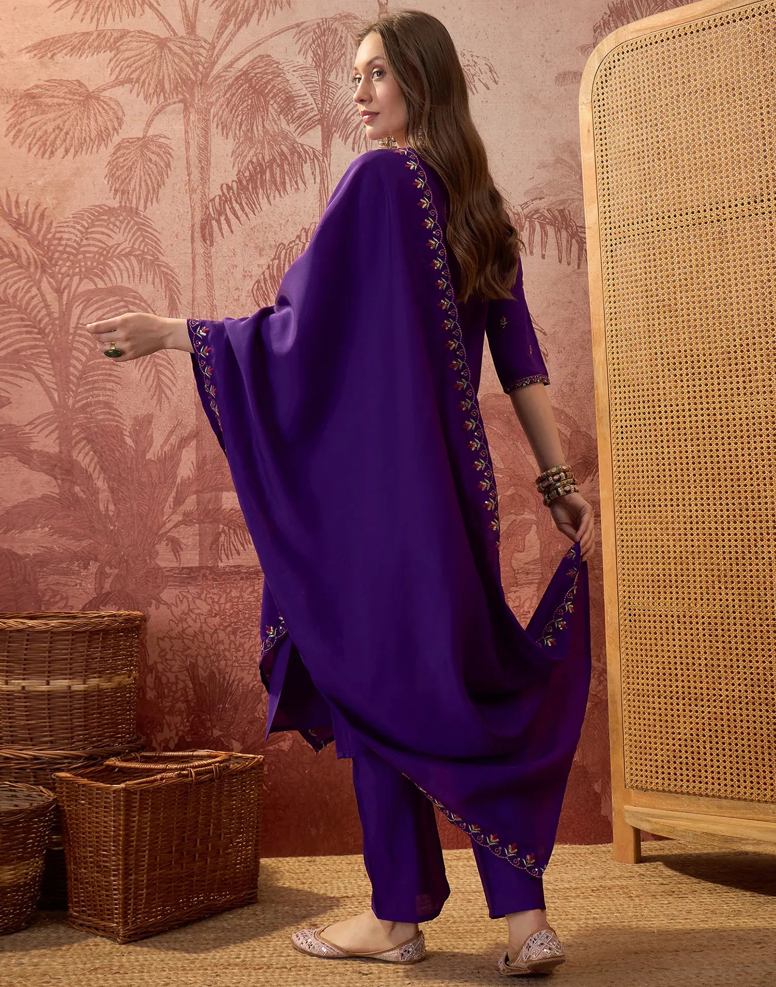 Royal Purple Notched Round Neck Embroidered Straight 3 Piece Kurta Set with Dupatta