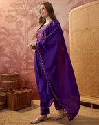 Royal Purple Notched Round Neck Embroidered Straight 3 Piece Kurta Set with Dupatta
