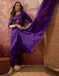 Royal Purple Notched Round Neck Embroidered Straight 3 Piece Kurta Set with Dupatta