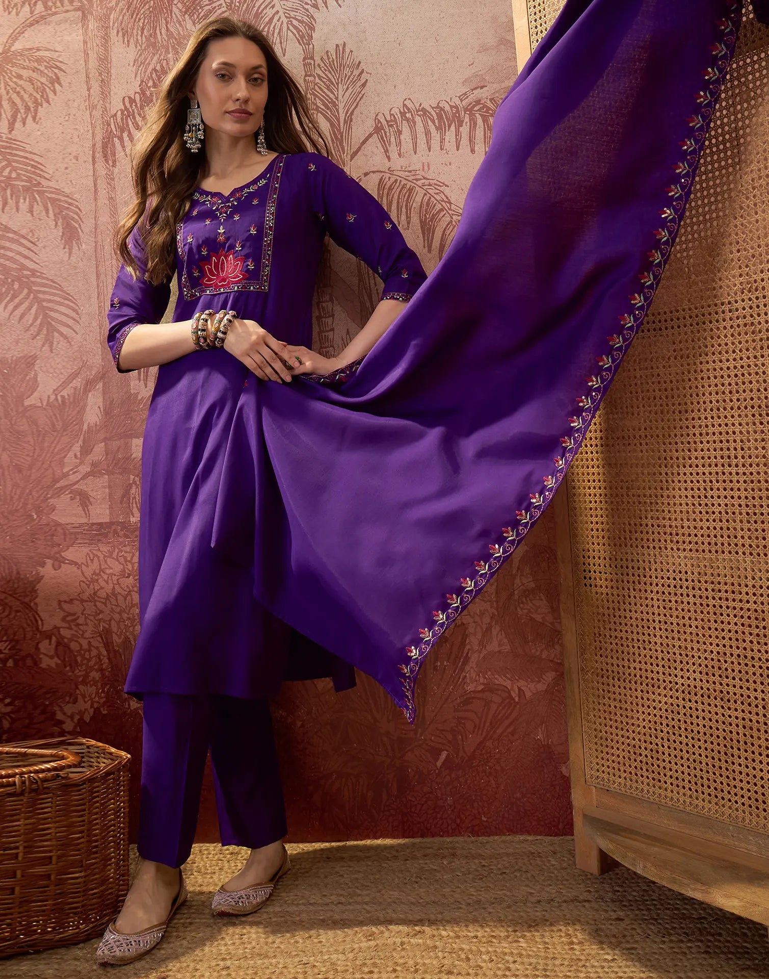 Royal Purple Notched Round Neck Embroidered Straight 3 Piece Kurta Set with Dupatta