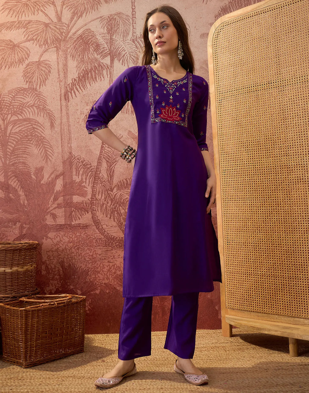 Royal Purple Notched Round Neck Embroidered Straight 3 Piece Kurta Set with Dupatta