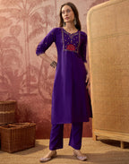Royal Purple Notched Round Neck Embroidered Straight 3 Piece Kurta Set with Dupatta