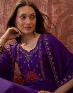 Royal Purple Notched Round Neck Embroidered Straight 3 Piece Kurta Set with Dupatta