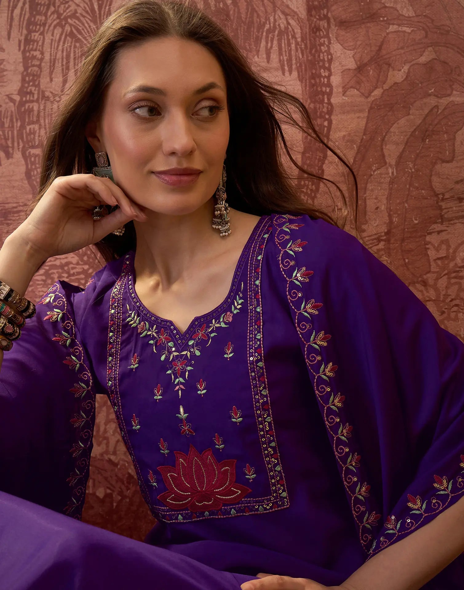 Royal Purple Notched Round Neck Embroidered Straight 3 Piece Kurta Set with Dupatta