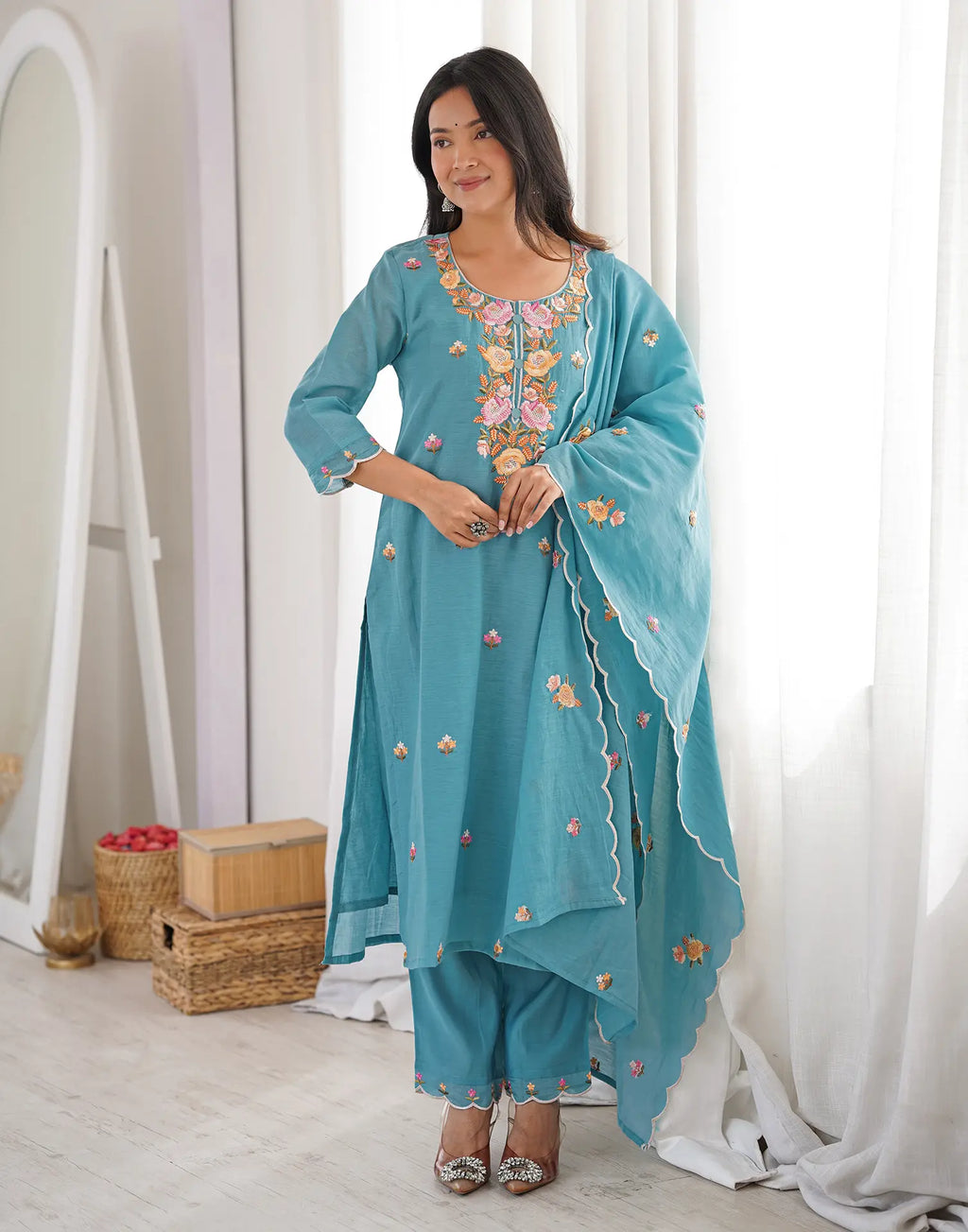 Dark Baby Blue Round Neck Embroidered Straight 3 Piece Kurta Set with Dupatta
