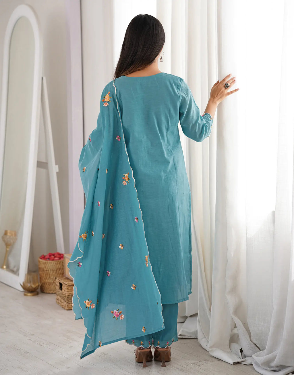Dark Baby Blue Round Neck Embroidered Straight 3 Piece Kurta Set with Dupatta