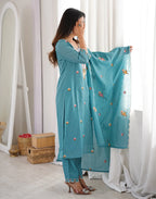 Dark Baby Blue Round Neck Embroidered Straight 3 Piece Kurta Set with Dupatta