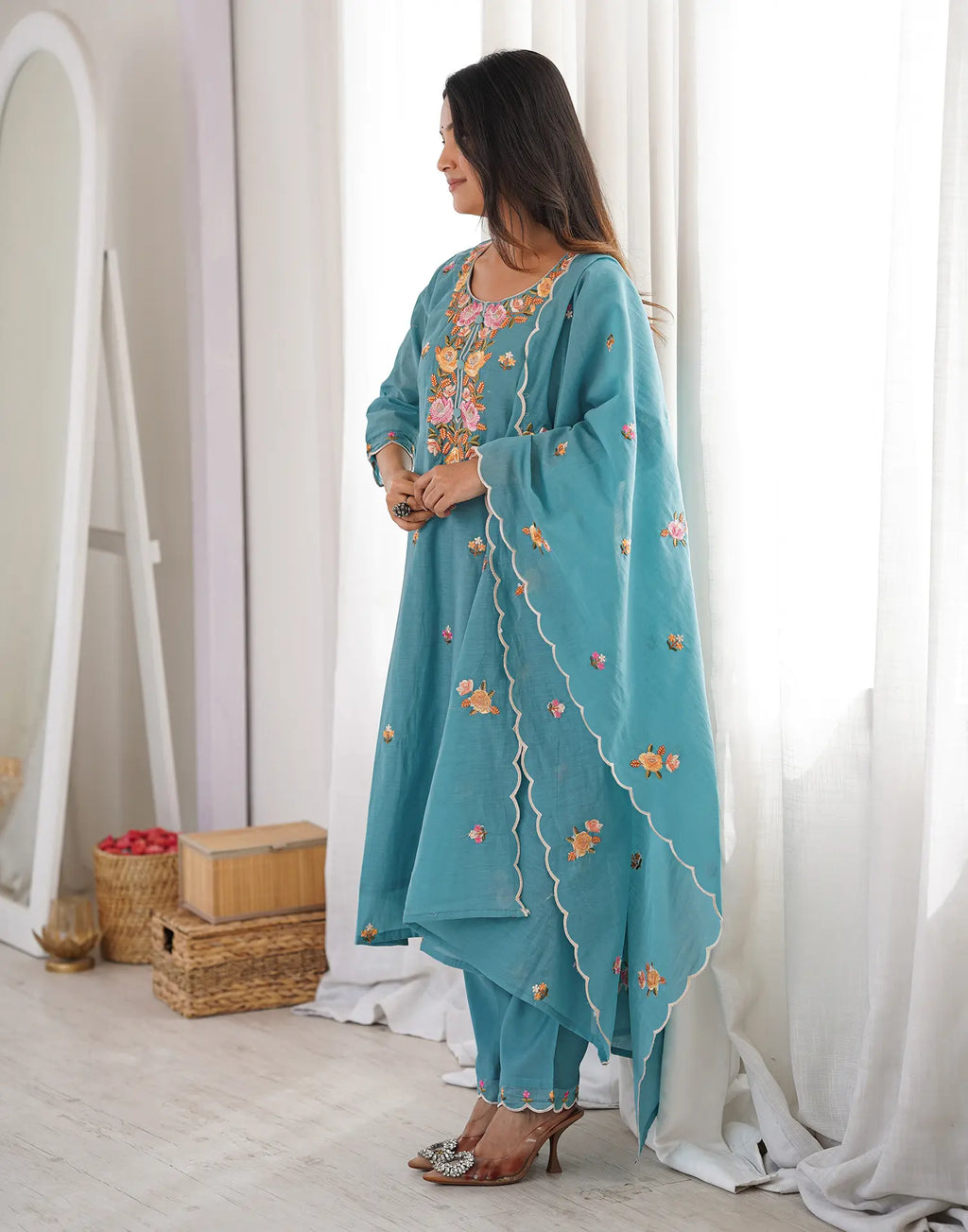 Dark Baby Blue Round Neck Embroidered Straight 3 Piece Kurta Set with Dupatta