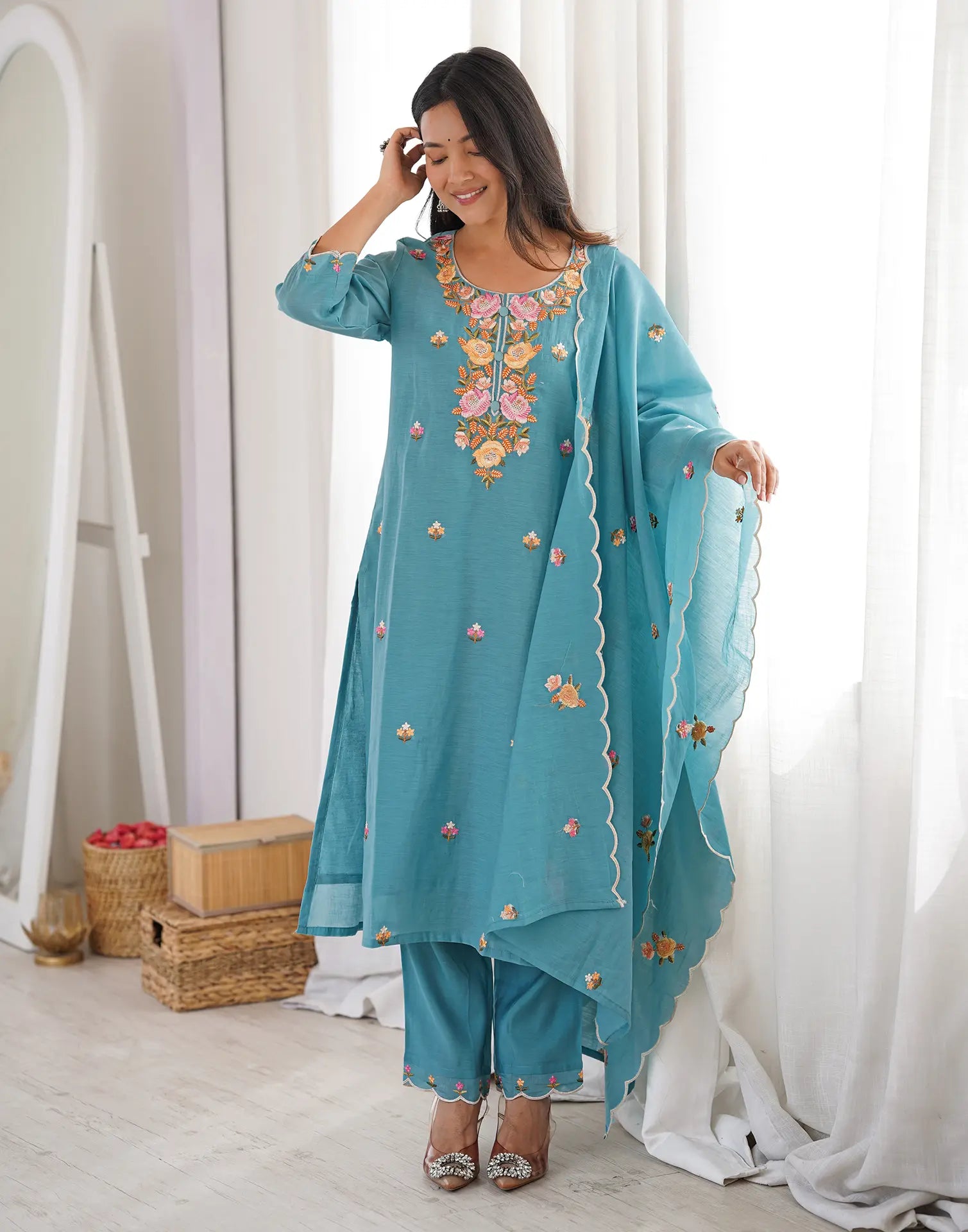 Dark Baby Blue Round Neck Embroidered Straight 3 Piece Kurta Set with Dupatta